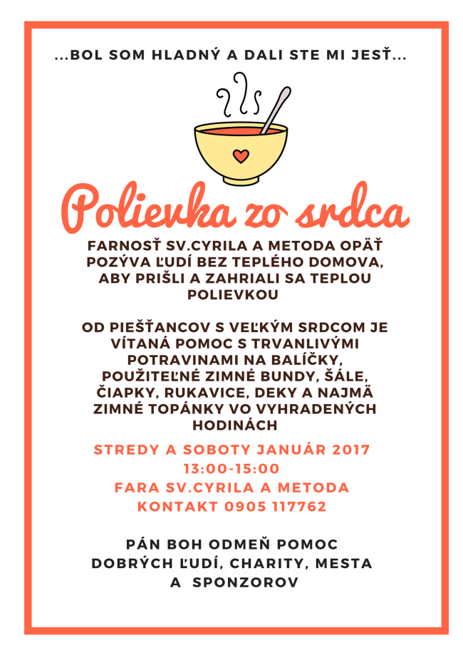 Polievka zo srdca: pozvánka na polievku pre ľudí bez domova, stredy a soboty, január 2017, 13:00-15:00